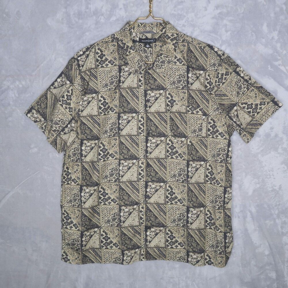 TREASURE BOND Black Tan Tapestry Patchwork Button Up Shirt Size L Lyocell Cotton